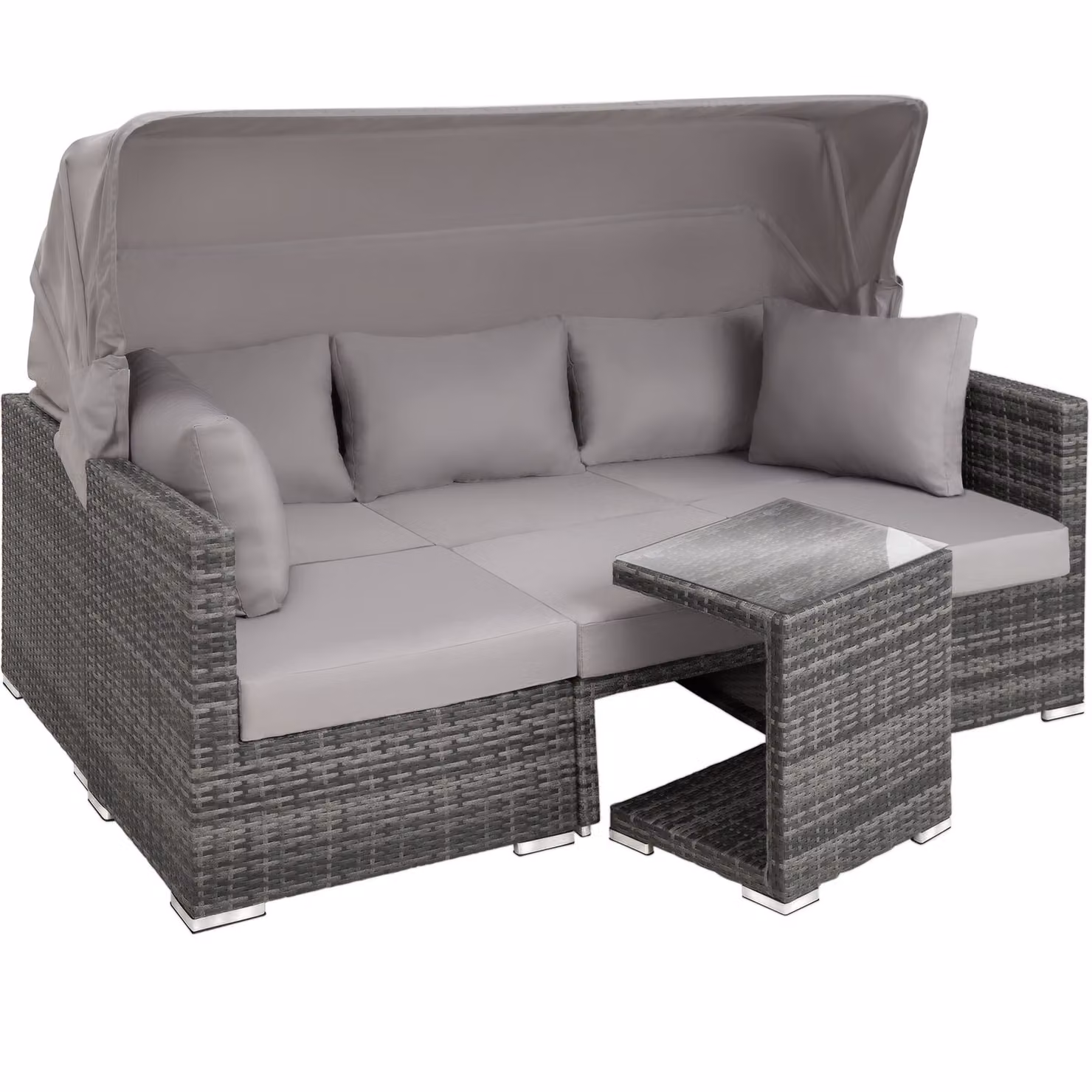 Set da giardino Tectake San Marino in rattan e alluminio grigio con divano a 2 posti, poltrona, tavolino e pouf con cuscini inclusi – 4