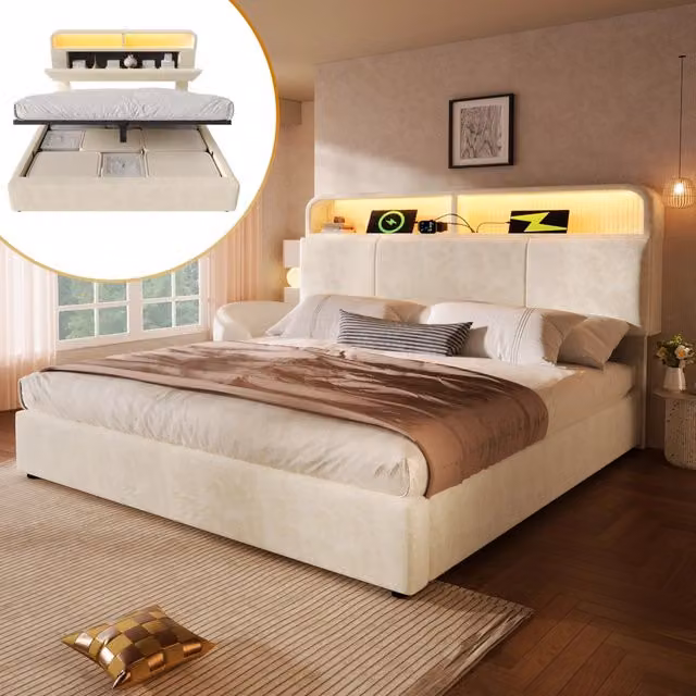 Letto matrimoniale WISHDOR in velluto beige con contenitore a sollevamento, illuminazione LED, porte USB/Type-C e testiera con mensola, L/P/H: 140 x 190 x 145 cm