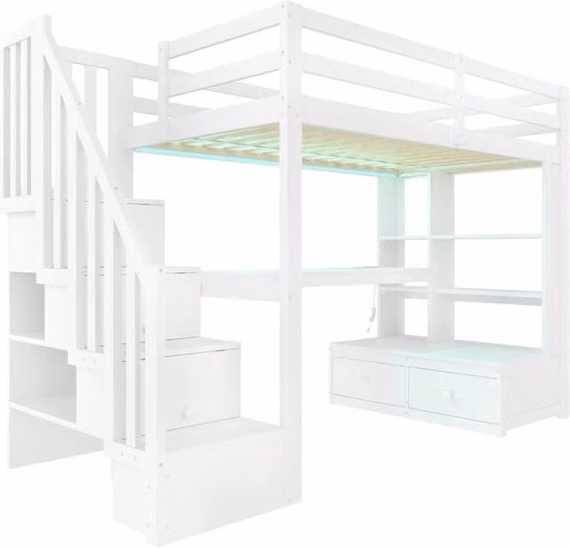 Letto a soppalco singolo bianco con scrivania, ripiani, cassetti e scala, L/P/H: 252 x 90 x 157 cm – 1