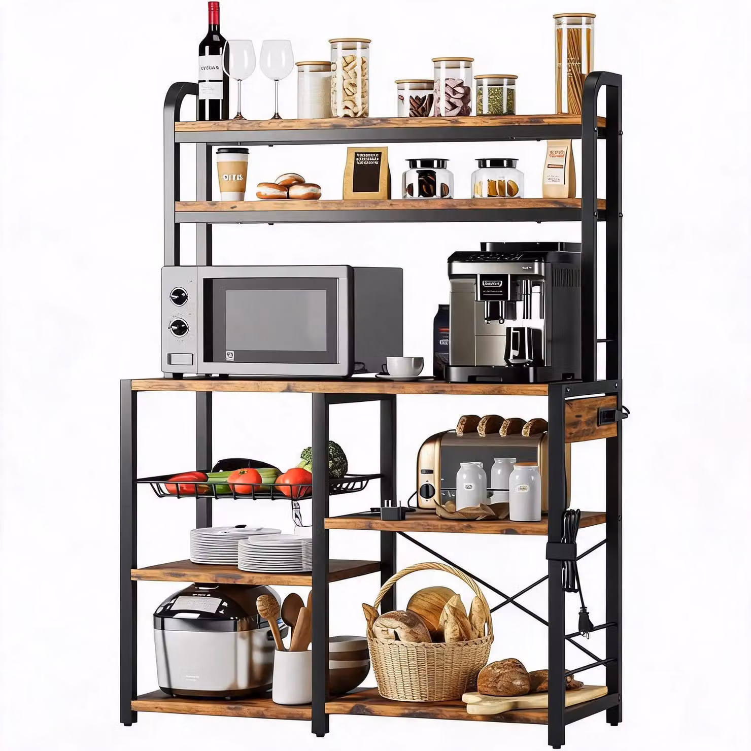 Ripiano per cucina - Scaffale per panetteria con 6 livelli - Dotato di presa di corrente - Supporto per caffè e microonde - Scaffale portaoggetti con cassetto in filo metallico e ripiano superiore - Colore marrone