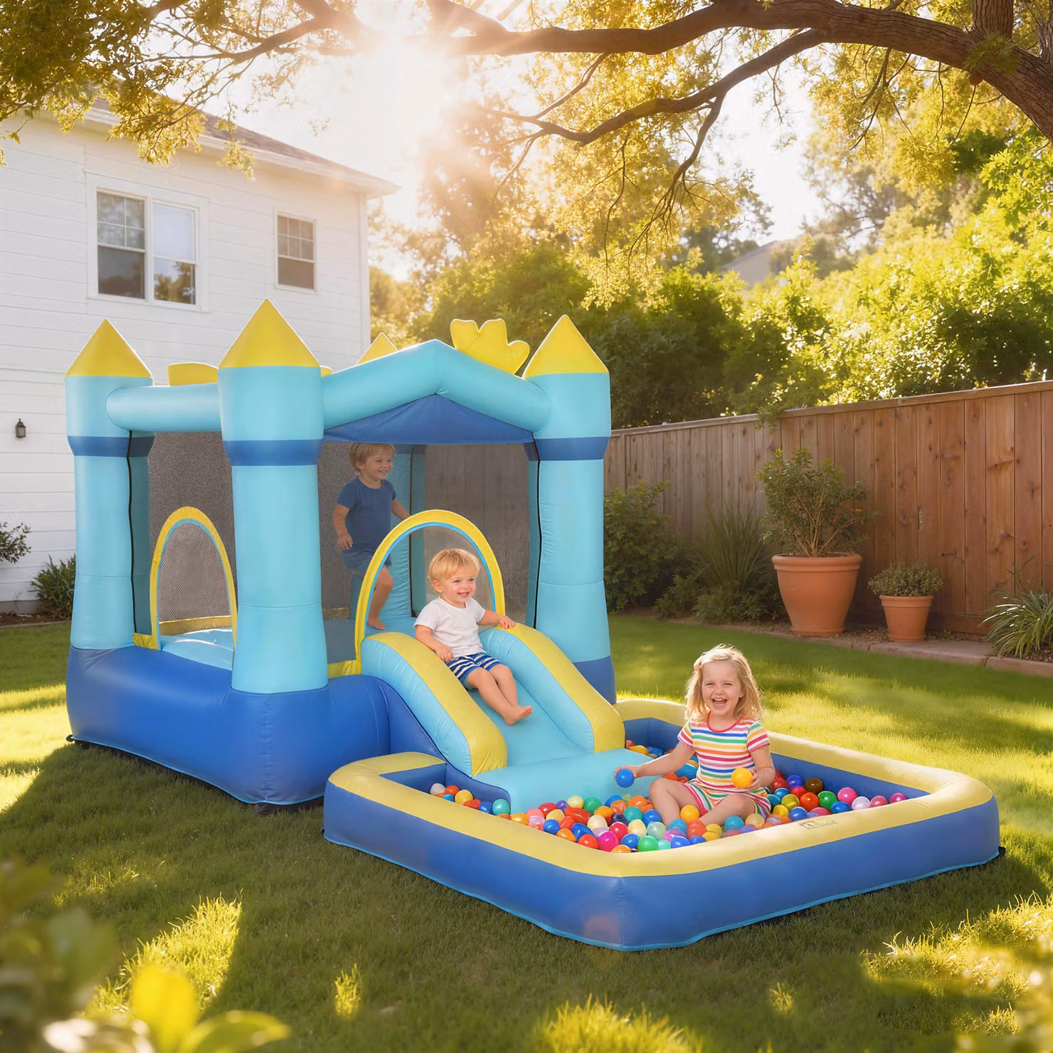 AIYAPLAY Castello Gonfiabile 4 in 1 per Bambini con Scivolo, Trampolino, Piscina per Palline e Canestro, Blu – 2