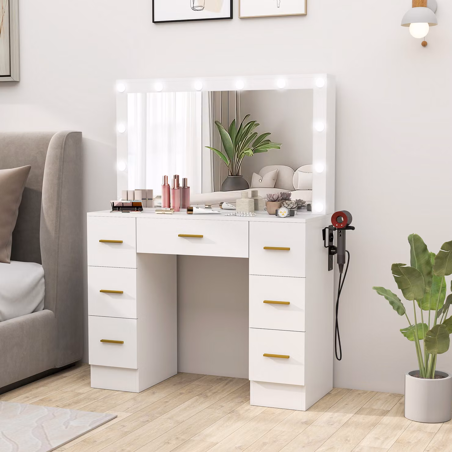Tavolo da Trucco HOMCOM con Specchio e 12 Luci LED, Consolle con 7 Cassetti e 6 Scomparti Nascosti, Bianco – 2