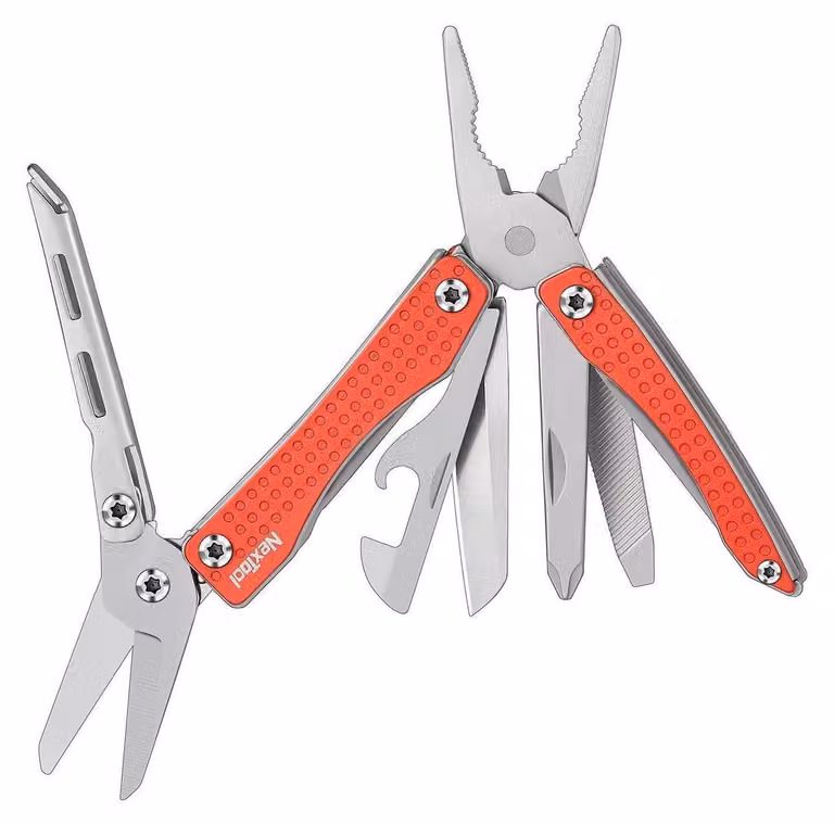 Strumento multifunzione 10-in-1, rosso, pieghevole, pinza, forbici, cacciavite, ideale per campeggio e attività all'aperto
