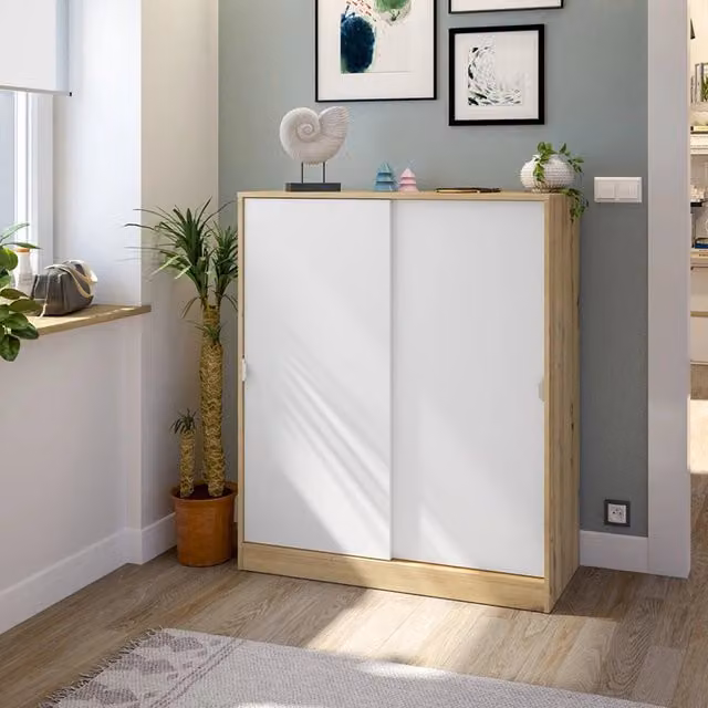 Armadio DMORA per camera da letto moderno con ante scorrevoli e ripiani interni, colore marrone rovere e bianco, L: 40 cm, H: 119 cm, P: 30 cm