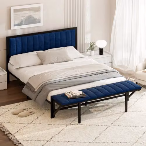 Letto imbottito AIORBER, 160x200 cm, con poggiapiedi pieghevole, ampio spazio di archiviazione, velluto, morbido e confortevole, letto matrimoniale, struttura letto in ferro, stabile ,Blu