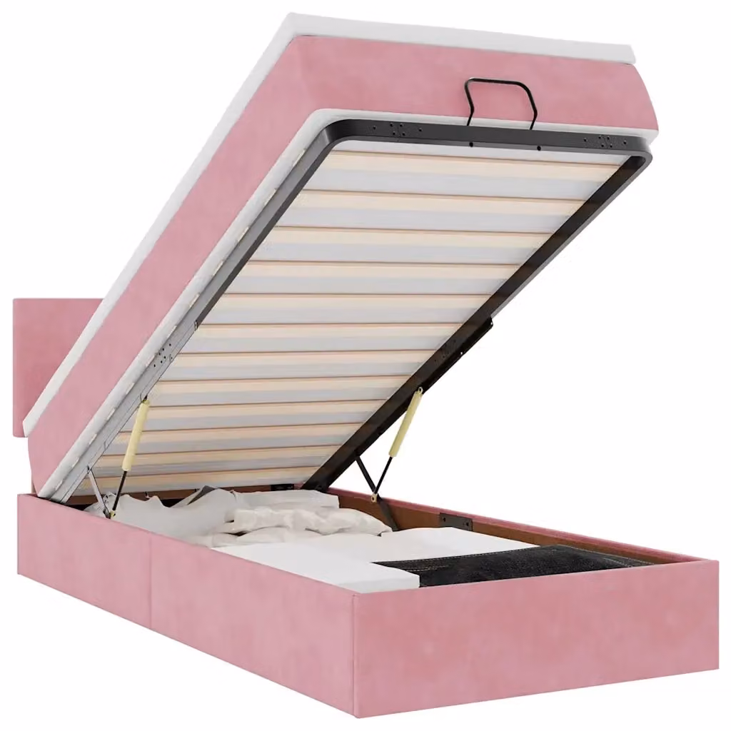 Letto con contenitore a sollevamento vidaXL in velluto rosa e bianco con materasso L 90 cm x P 190 cm – 2