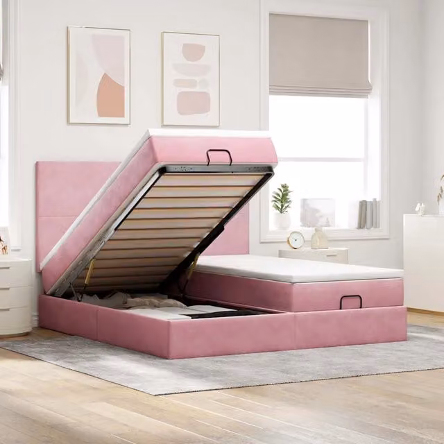 Letto con contenitore a sollevamento vidaXL in velluto rosa e bianco L: 180 cm, P: 200 cm, H: 128 cm