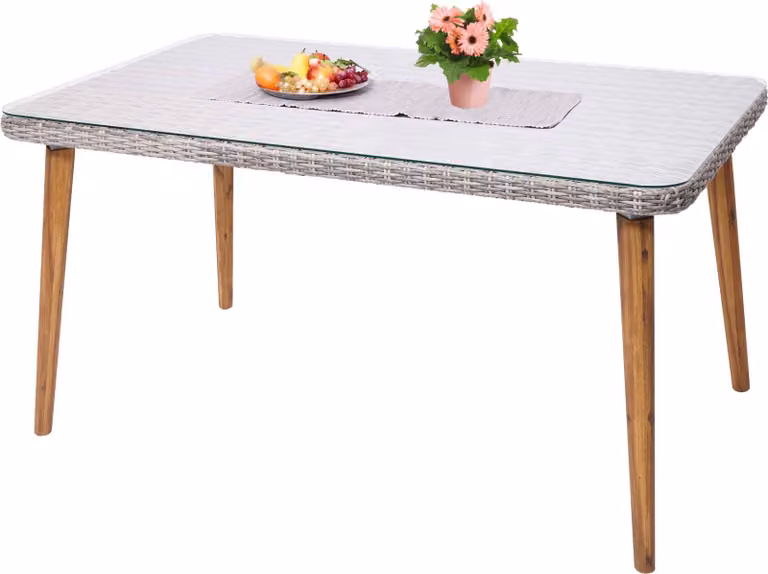 Tavolo da pranzo in poly-rattan HWC-H65, tavolo da giardino/lounge, acciaio + acacia semicircolare in poly-rattan MVG 150x90cm ~ grigio