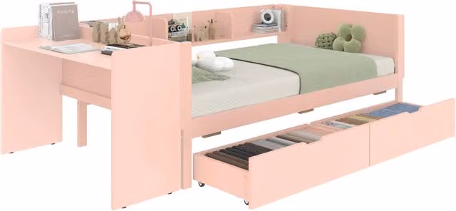 Letto singolo 90x200 con scrivania e libreria integrata; 2 cassetti; pino e truciolare; rosa