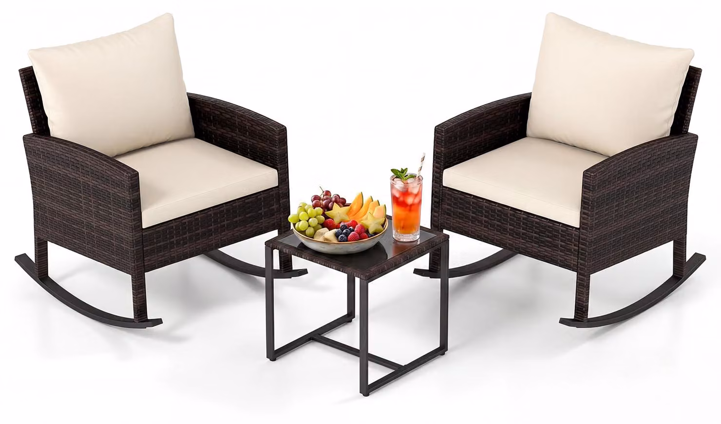 Set da giardino KOMFOTTEU, composto da 3 pezzi: 2 poltrone a dondolo in rattan con tavolino, set da salotto per esterni con struttura in metallo, cuscini imbottiti. Ideale per terrazzi, balconi, giardini e piscine