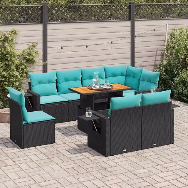 Set Divani da Giardino 9 pz con Cuscini Nero in Polyrattan 3327165
