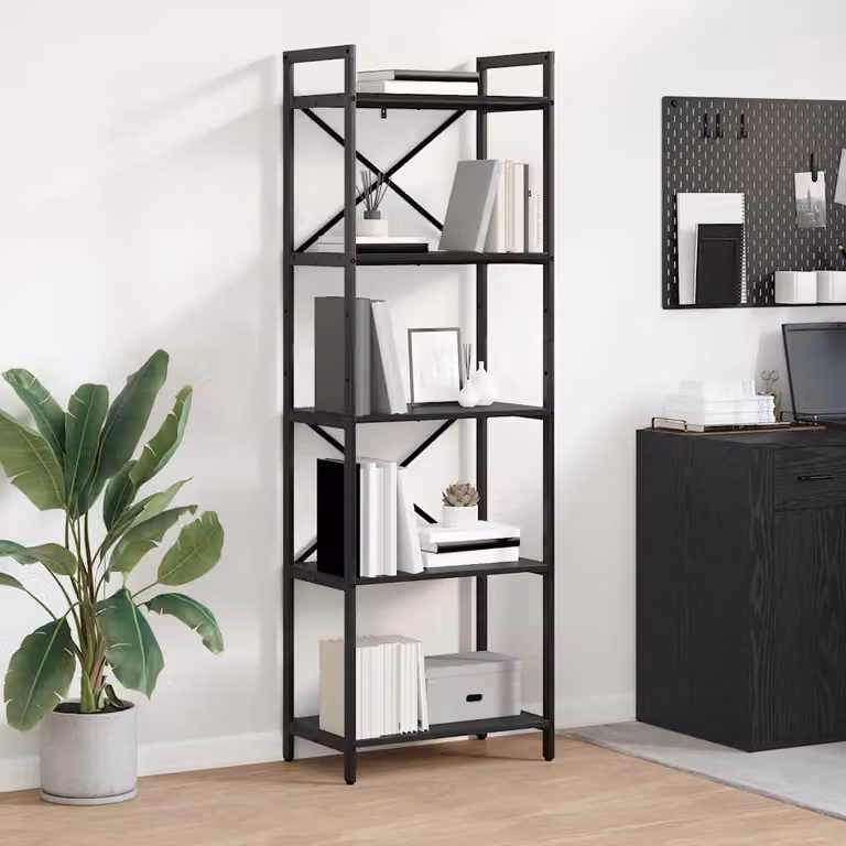 Libreria industrial vidaXL a 5 livelli in metallo e MDF nero L 56 cm x P 34 cm x H 171 cm