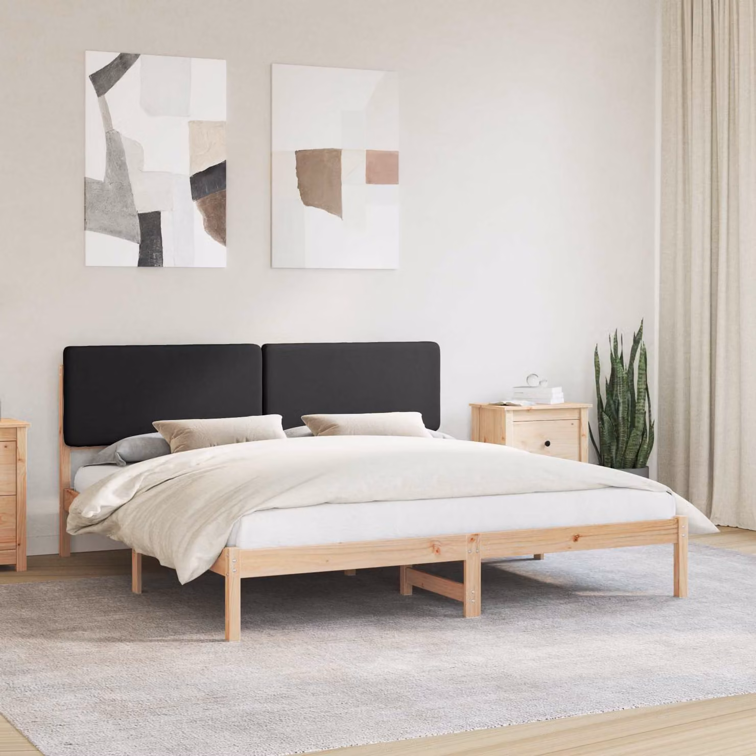 Letto con Testiera Rivestita in Tessuto e Pino Massello vidaXL Nero 200 x 200 cm – 1