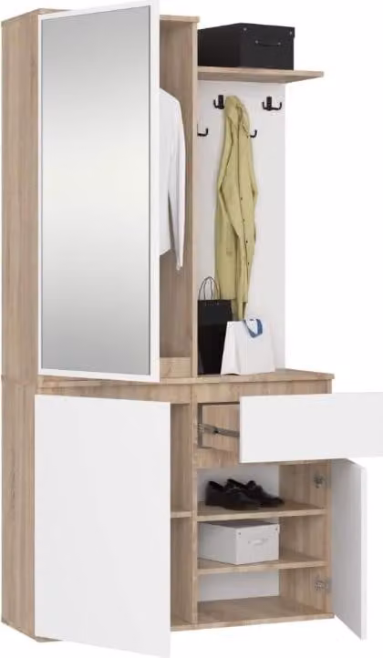 BDW, Set di armadi da corridoio ENTRO con armadio a specchio, 95x183x35cm, rovere Sonoma / bianco