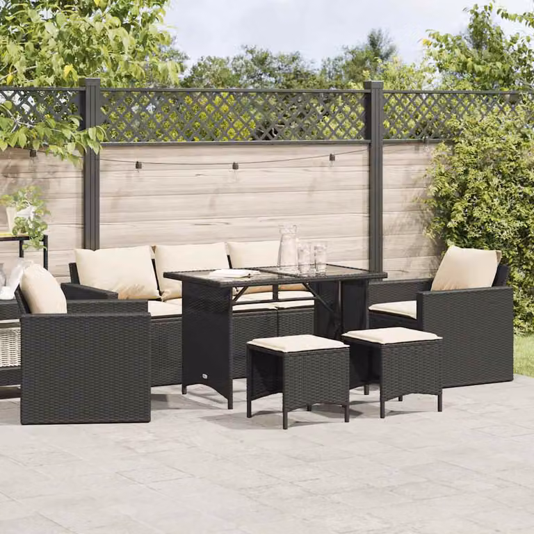 Set Divano da Giardino 6 pz vidaXL con Cuscini Nero e Tavolino in Vetro