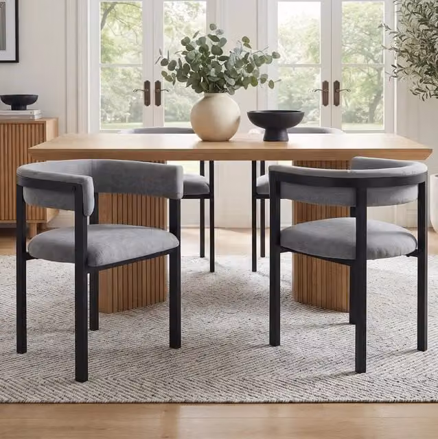 Set di 2 sedie da pranzo con schienale curvo in metallo e ciniglia; grigio