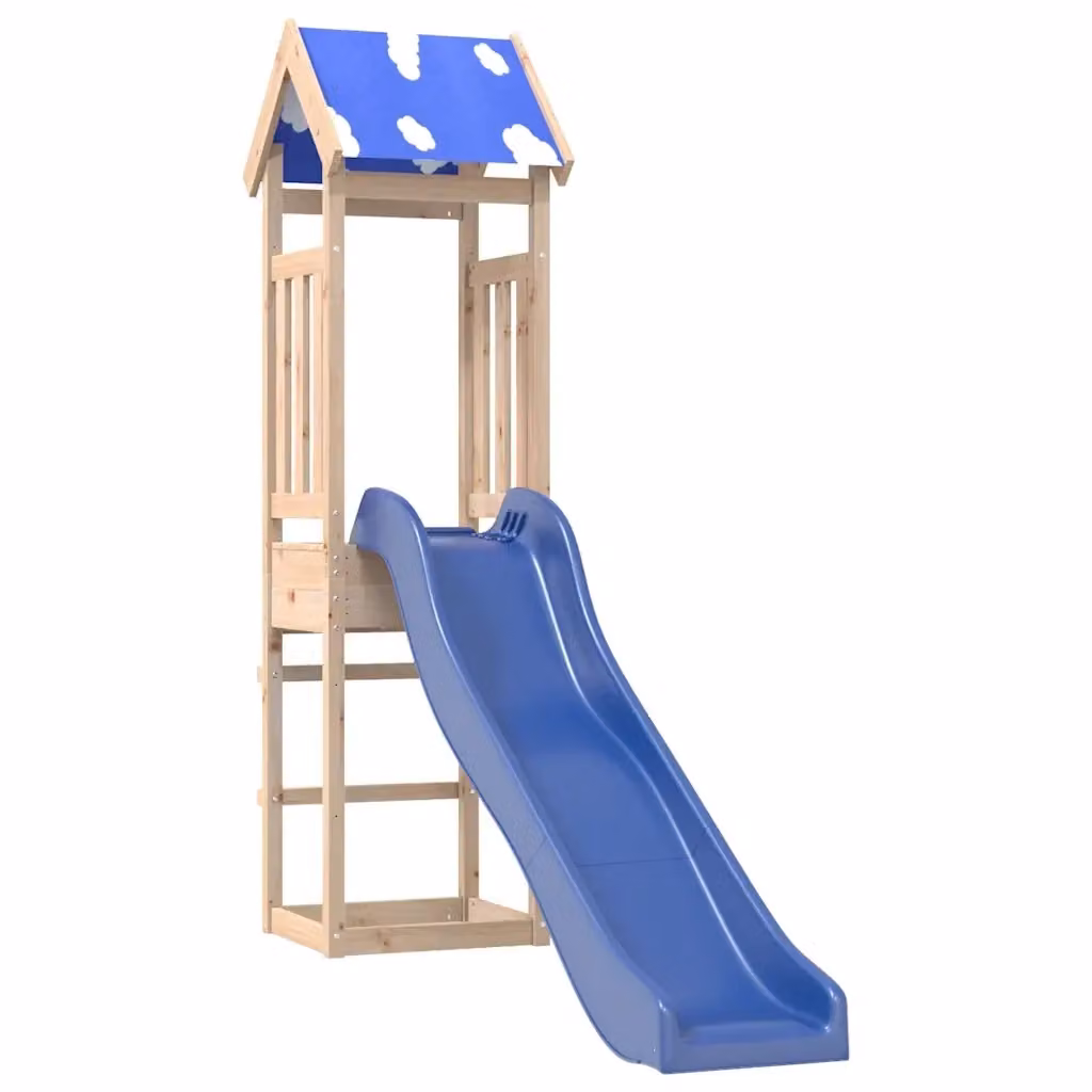 Set da Gioco da Esterno in Legno Massello con Scivolo, Sabbiera e Canopy Blu – 2