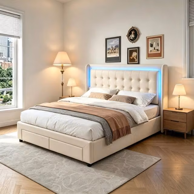 Letto contenitore matrimoniale 180x200 cm con LED;Sollevamento idraulico e 2 cassetti;Velluto; beige