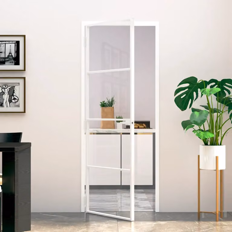 Porta interna moderna vidaXL in alluminio e vetro temperato trasparente, colore bianco, L: 76 cm, H: 201,5 cm