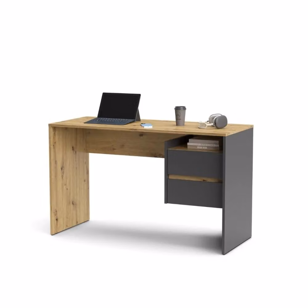Scrivania Paco3 con 2 cassetti in stile moderno, colore rovere e antracite, L: 125 cm, P: 51,6 cm, H: 75,5 cm – 2