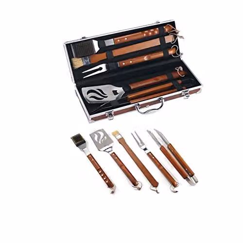 Set Accessori Barbecue - Valigetta Radica con Utensili in Acciaio 43 cm