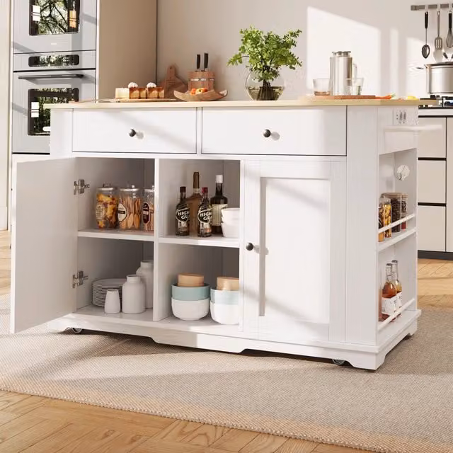 Carrello da cucina con prese elettriche e piano pieghevole 2 cassetti 6 vani in MDF metallo bianco naturale
