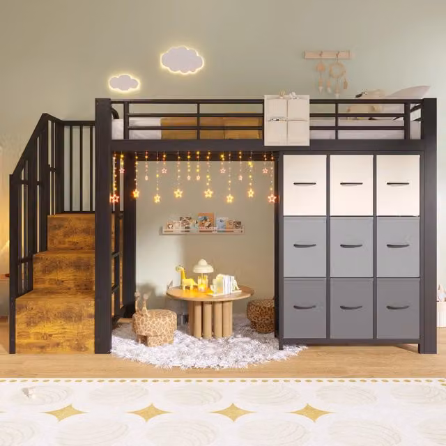 Letto a soppalco 90 × 200 cm singolo con cassetti, scalini contenitore e appendiabiti, senza materasso, nero