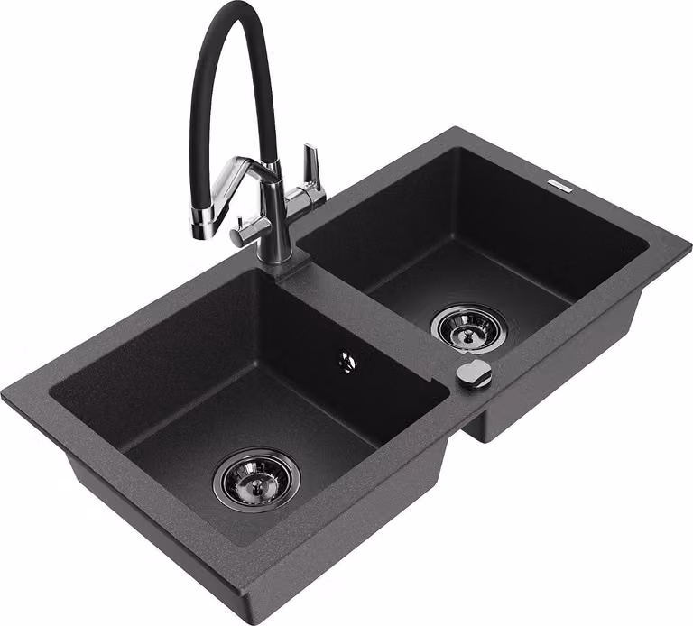 Mexen Mario lavello in granito a 2 vasche con rubinetto cucina Duo, nero maculato - 6504-76-671701-07-B