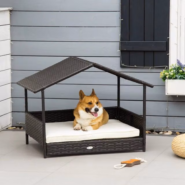 Casetta da giardino con tetto e cuscino per cani medi in rattan PE marrone con telaio in acciaio 98 × 69 × 73 cm