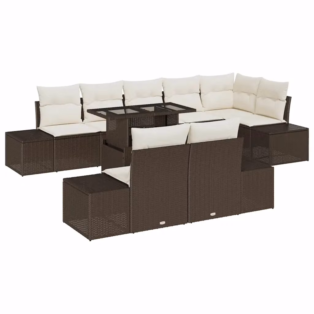 Set Divano da Giardino vidaXL 9 Pezzi a Forma di U Marrone con Cuscini e Tavolino da Caffè in Polyrattan e Metallo – 2