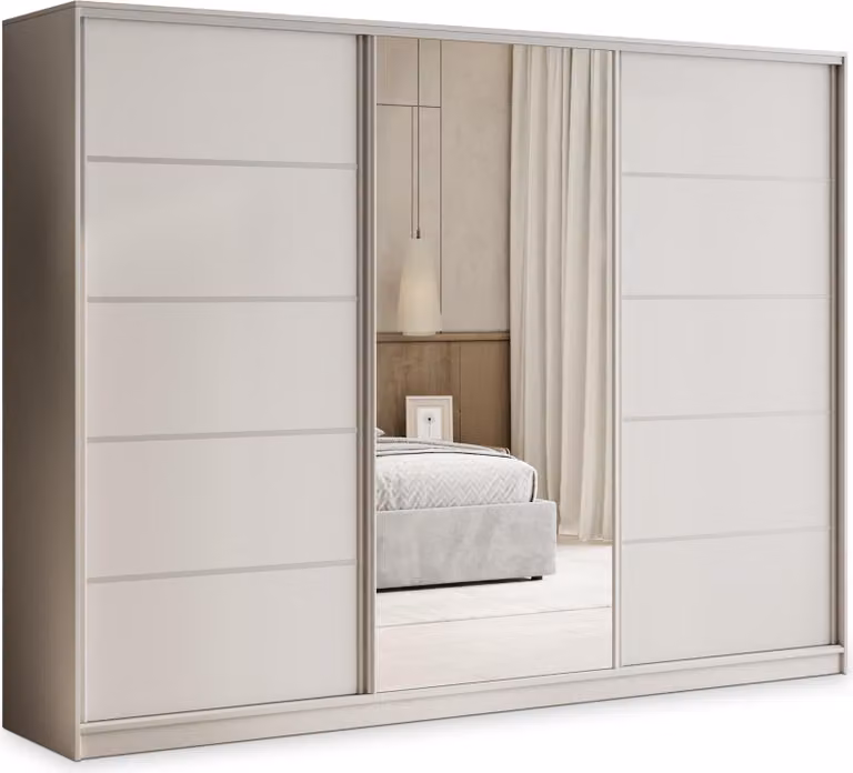Armadio scorrevole Masseno PINA 250/205/58 cm Armadio con 4 cassetti Armadio per camera da letto a 3 ante con specchio Cashmere