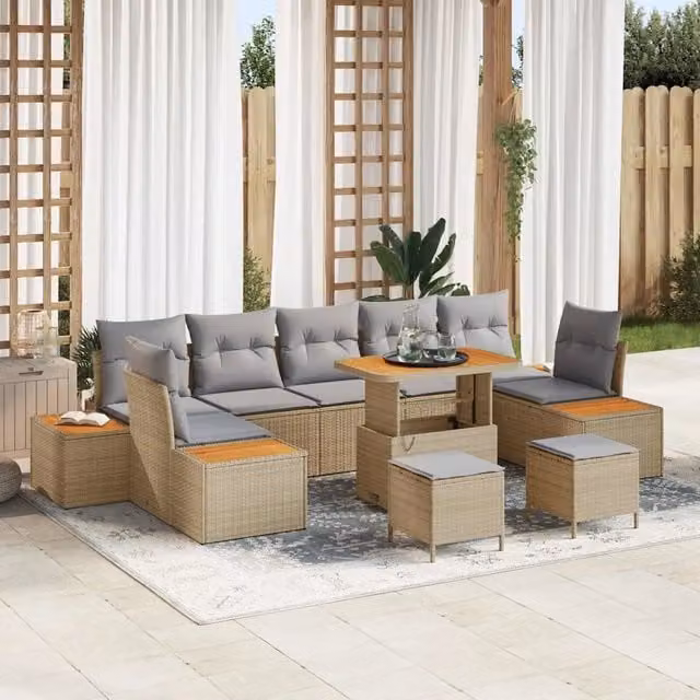 vidaXL Set Divano da Giardino a Forma di U con Cuscini e Tavolino, 10 Pezzi, Beige
