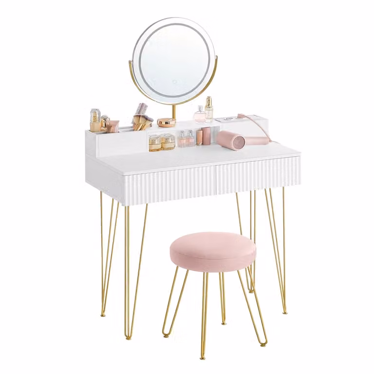 Toeletta con Sgabello e Illuminazione, Bianco Opaco + Oro Pallido / 80l cm