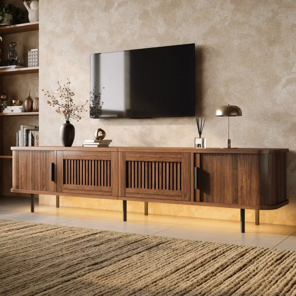 Mobile TV Mivray color noce con 2 cassetti, ante scorrevoli e illuminazione LED controllabile via app, L/P/H: 180 x 40 x 44.5 cm – 2