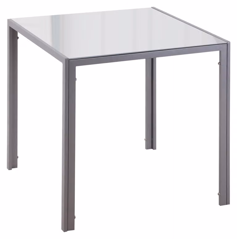 Tavolo quadrato Moonbite, dimensioni 75x75x75 cm, per 4 persone, piano in vetro temperato di 0,6 cm, struttura in metallo rivestito, capacità di carico fino a 80 kg, acciaio, colore grigio