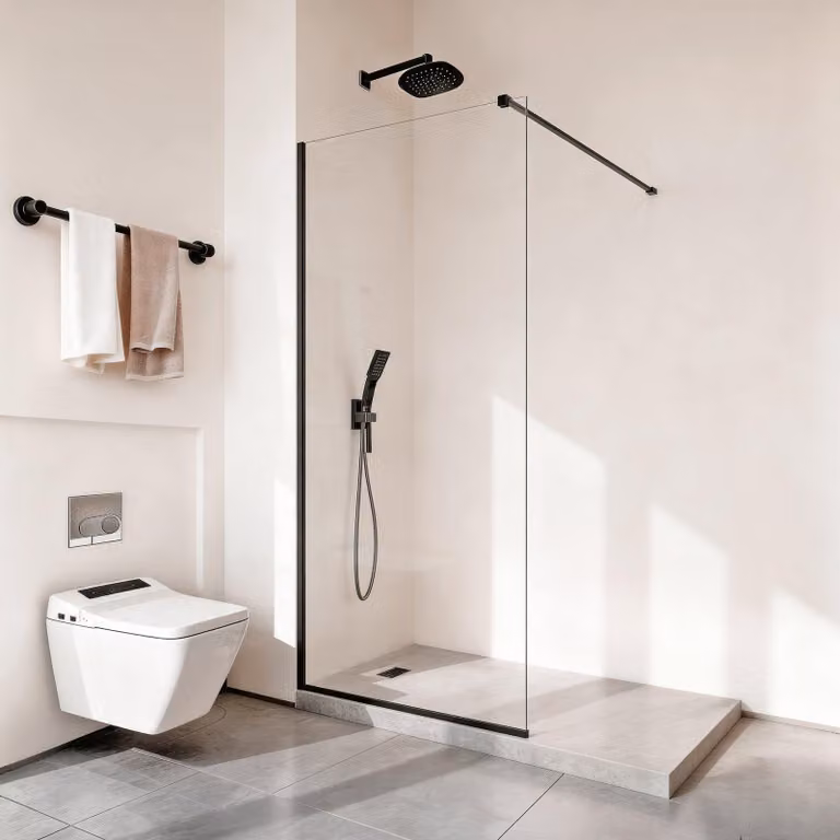 Parete doccia fissa in vetro - Box doccia walk-in - 86,4 x 187 cm - Vetro trasparente ESG da 8 mm - Parzialmente incorniciato - Con guarnizione a pavimento e ferramenta - Paraspruzzi - Nero opaco
