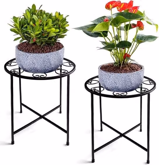Set di due sostegni per piante moderni in acciaio inossidabile 10" rotondi per esterno - Sostegno per fiori decorativo nero - Sostegno per piante alta 15
