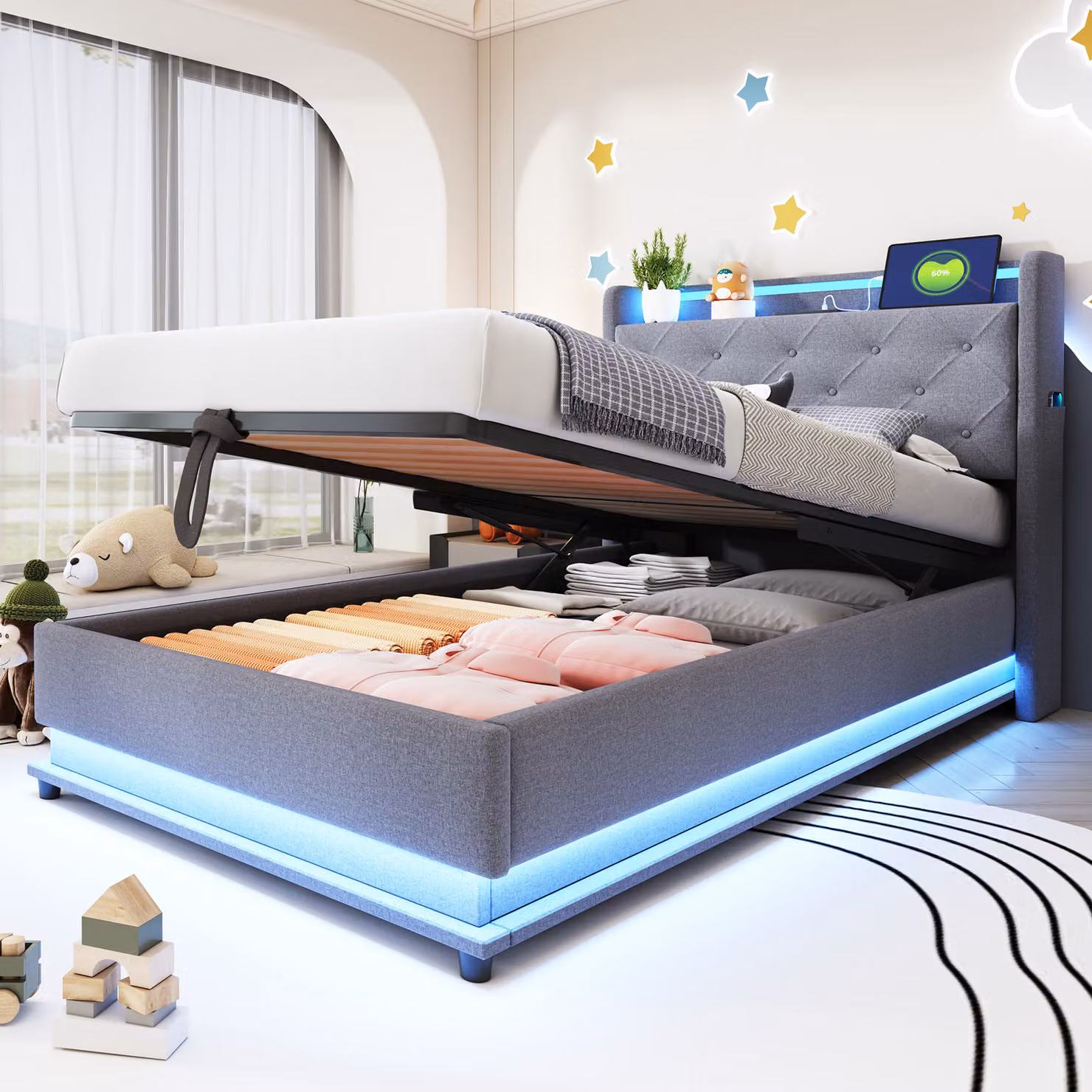 MODFU Letto per bambini 90×200 cm, Letto imbottito, Letto singolo multifunzionale, Con luci LED colorate e presa USB, Con contenitore idraulico, Senza materasso, Grigio