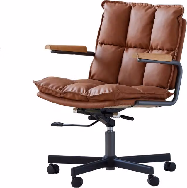 Sedia da ufficio ergonomica OKWISH in pelle sintetica marrone con braccioli in metallo e rotazione a 360 gradi