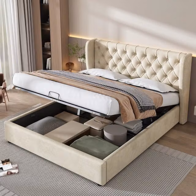 Letto matrimoniale 160x200 cm in velluto beige stile Chesterfield con contenitore
