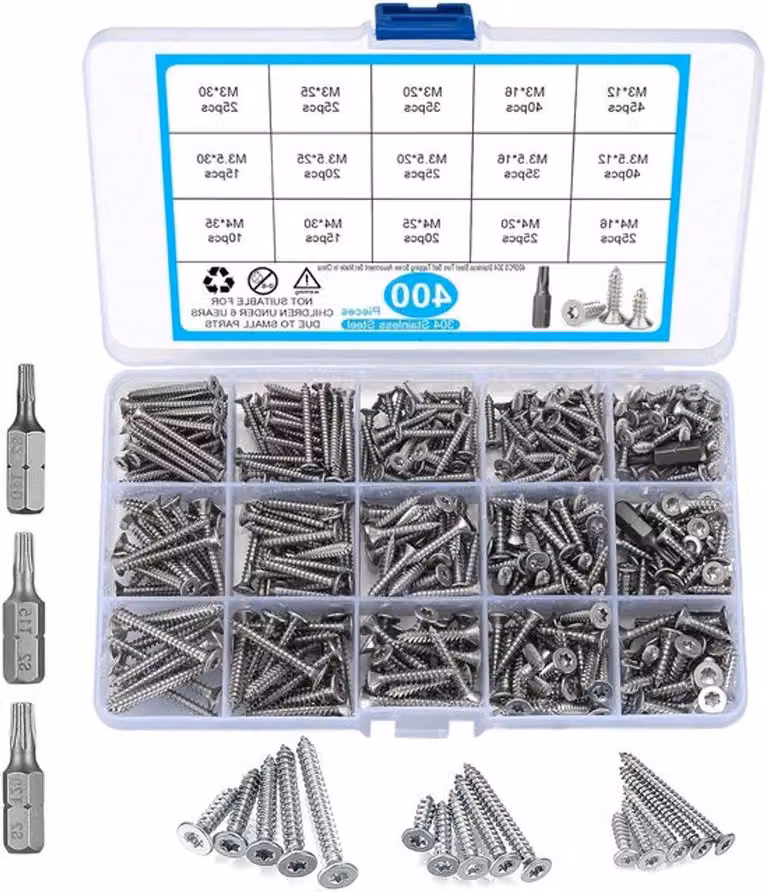 Assortimento di 400 viti autoperforanti in acciaio inossidabile, con testa a svasatura e profilo Torx, adatte per legno e pannelli di gesso, disponibili in diverse dimensioni, inclusa la misura 12