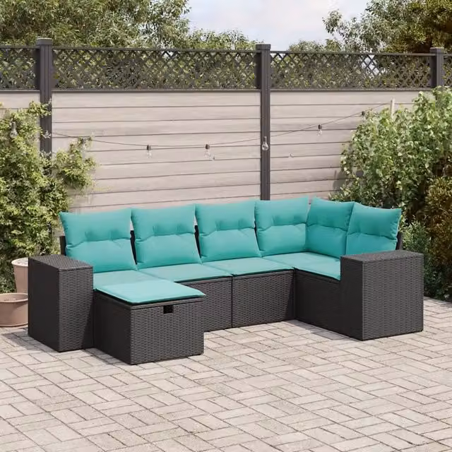 Set Divano da Giardino a L vidaXL in Polyrattan Nero con 6 Cuscini e Ottoman – 1