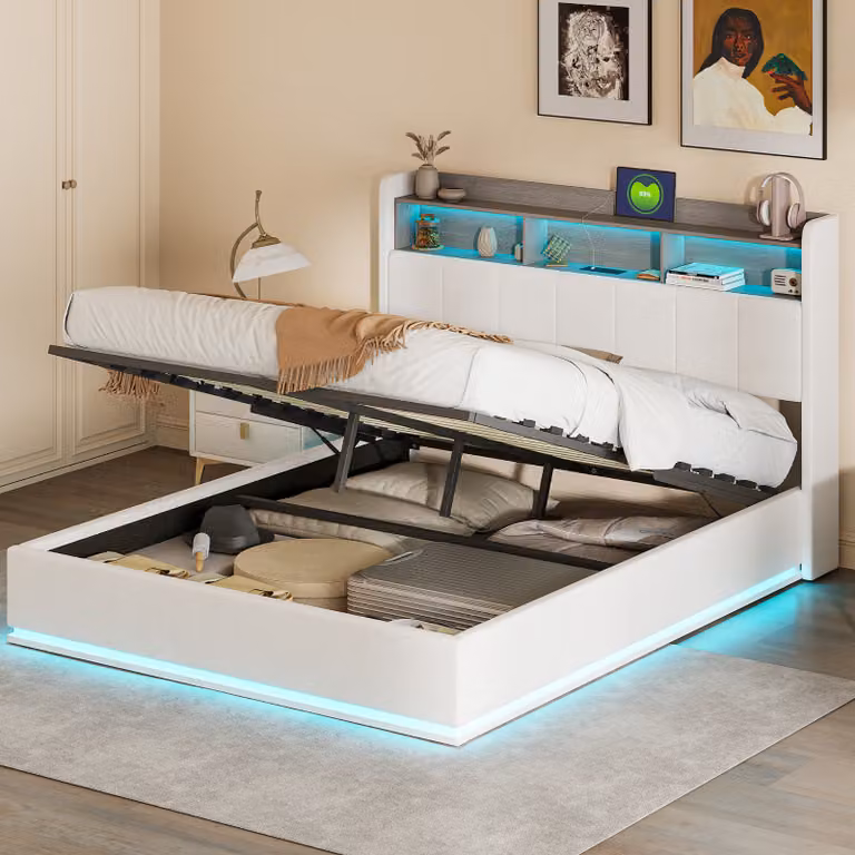 CDGlobal letto imbottito letto in metallo 160x200cm con illuminazione a LED, letto matrimoniale idraulico con testata con funzione di ricarica USB, struttura letto con doghe in legno, letto industriale, beige