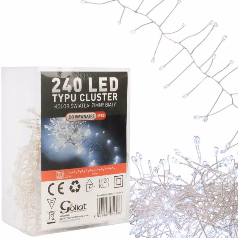 Ghirlanda luminosa a 240 LED, 2,4 metri, CLUSTER, RISO, BIANCO FREDDO, A BATTERIE