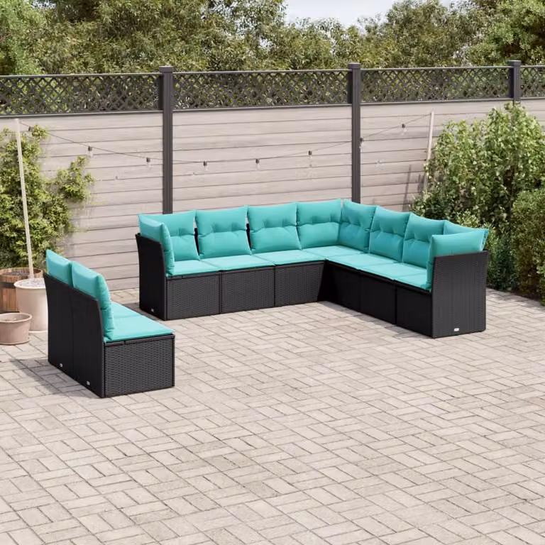 Set di divani da giardino vidaXL in polyrattan nero con cuscini imbottiti e coperture rimovibili