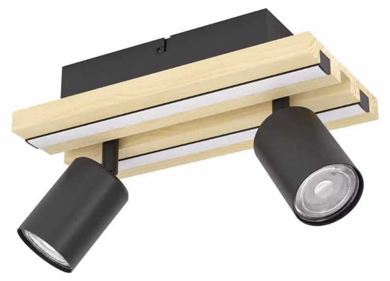 Lampada a sospensione a due luci, modello "Gesteira", nera con elementi in legno