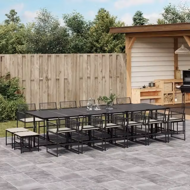 Set da Pranzo da Giardino vidaXL in Polyrattan Nero con Cuscini Bianchi e Tavolo in Vetro, 17 Pezzi – 1