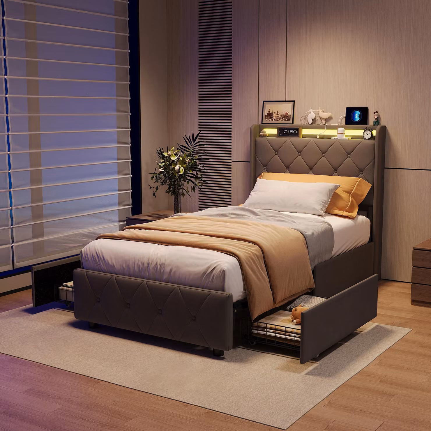 Letto 90 x 200 cm con contenitore, illuminazione a LED e porta USB, letto singolo imbottito con 2 cassetti, rete a doghe, rivestimento in velluto, grigio