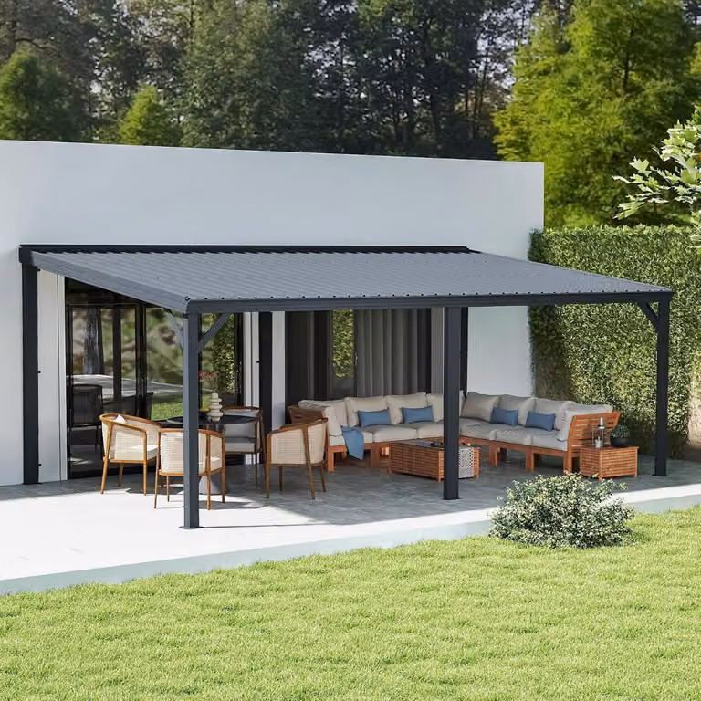 Gazebo da parete, grigio, dimensioni 3,6 x 6,1 metri, dotato di sistema di drenaggio e tetto in acciaio zincato