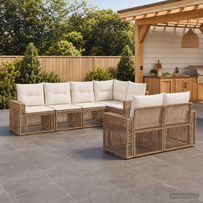 Set Divano da Giardino vidaXL 7 posti a forma di L con Cuscini Beige e Bianco